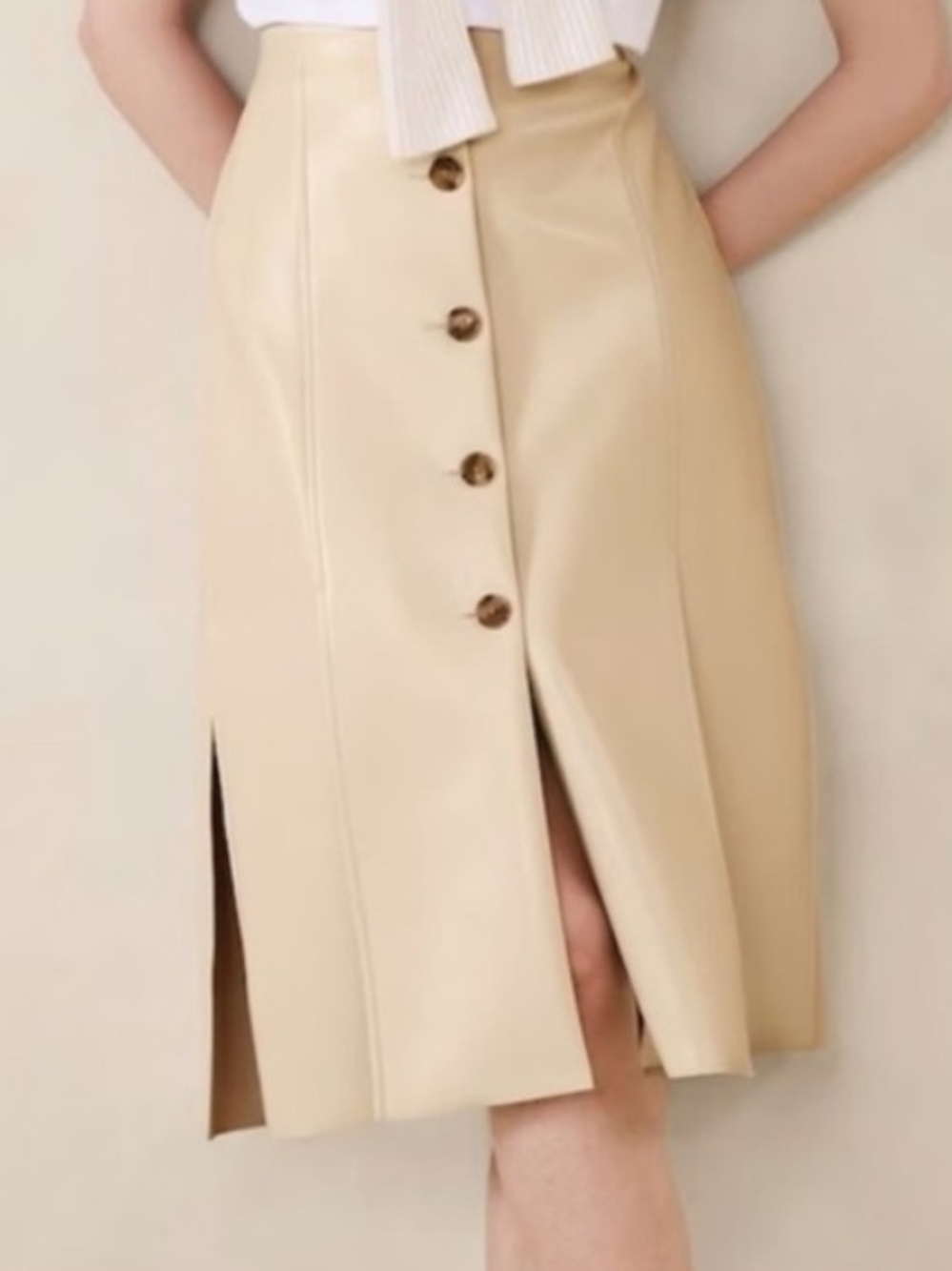 Banana Republic Beige Faux-Leather Button-Front Midi Skirt
